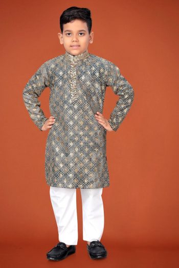 DESIGNER VISCOSE RAYON CHIKANKARI LUCKNOWI SCHIFLI WORK KID'S KURTA PAYJAMA BLACK