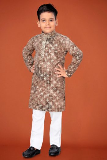 DESIGNER VISCOSE RAYON CHIKANKARI LUCKNOWI SCHIFLI WORK KID'S KURTA PAYJAMA BROWN