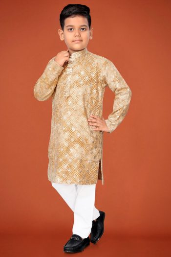 DESIGNER VISCOSE RAYON CHIKANKARI LUCKNOWI SCHIFLI WORK KID'S KURTA PAYJAMA CREAM