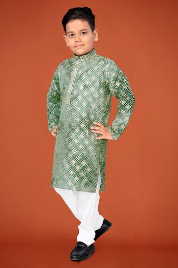 DESIGNER VISCOSE RAYON CHIKANKARI LUCKNOWI SCHIFLI WORK KID'S KURTA PAYJAMA PISTA
