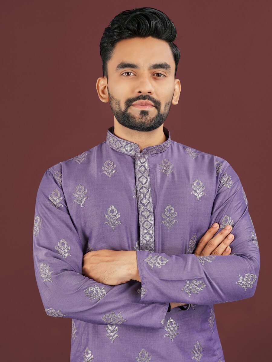 DESIGNER VISCOSE SILK EMBROIDERY SEQUENCE WORK MEN'S KURTA PAYJAMA FESTIVAL WEAR WHOLESALE PRICE ETHNIC GARMENT (4)