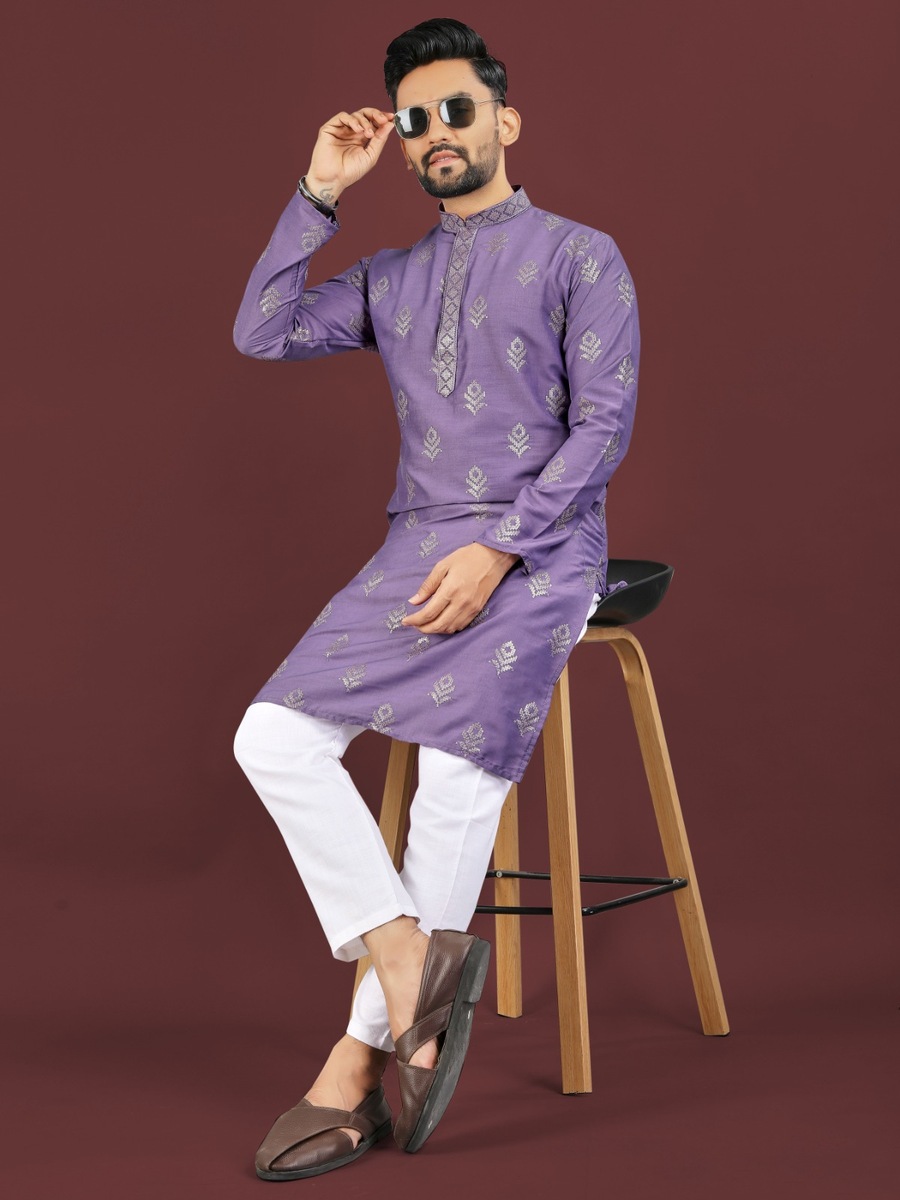 DESIGNER VISCOSE SILK EMBROIDERY SEQUENCE WORK MEN'S KURTA PAYJAMA FESTIVAL WEAR WHOLESALE PRICE ETHNIC GARMENT (5)