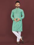 DESIGNER VISCOSE SILK EMBROIDERY SEQUENCE WORK MEN'S KURTA PAYJAMA GREEN