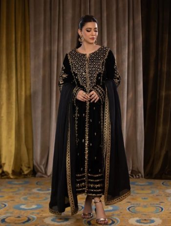 DESIGNER VISCOSE VELVET EMBROIDERY SEQUENCE WORK TOP BOTTOM WITH DUPATTA BLACK