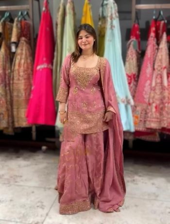 FABCY CHINON SILK EMBROIDERY AND SEQUENCE WORK TOP PALAZZO WITH DUPATTA BABY PINK
