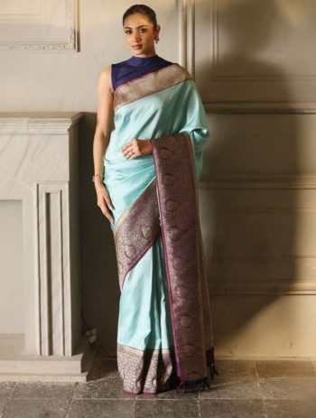 FABULOUS BANARASI SOFT SILK WEAVING WORK SAREE WITH UNSTITCHED BLOUSE SKY