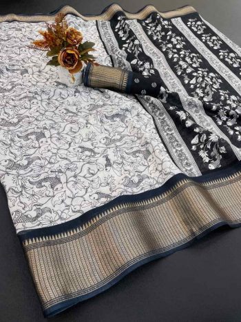 FABULOUS DOLA DOBBY SILK PRINT WITH DESIGNER PALLU WORK SAREE WITH UNSTITCHED BLOUSE BLACK