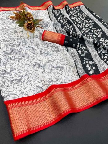 FABULOUS DOLA DOBBY SILK PRINT WITH DESIGNER PALLU WORK SAREE WITH UNSTITCHED BLOUSE RED