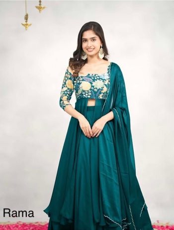 FABULOUS GEORGETTE AND POLI RAYON DIGITAL PRINT WORK TOP SKIRT DUPATTA RAMA