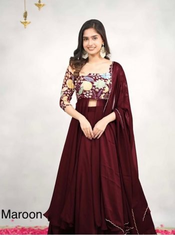 FABULOUS GEORGETTE AND POLI RAYON DIGITAL PRINT WORK TOP SKIRT DUPATTA BROWN