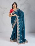 FABULOUS GEORGETTE THREAD SEQUENCE EMBROIDERY WORK SAREE WITH UNSTITCHED BLOUSE BLUE
