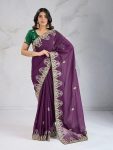 FABULOUS GEORGETTE THREAD SEQUENCE EMBROIDERY WORK SAREE WITH UNSTITCHED BLOUSE PURPLE