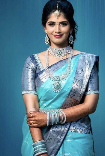 FABULOUS LICHI SILK JACQUARD WORK SARE WITH UNSTITCHED BLOUSE SKY