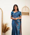 FABULOUS LICHI SILK JACQUARD WORK SAREE WITH UNSTITCHED BLOUSE TEAL