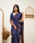 FABULOUS LICHI SILK JACQUARD WORK SAREE WITH UNSTITCHED BLOUSE BLUE