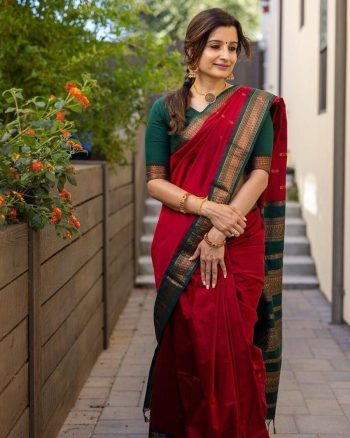 FABULOUS LICHI SILK JACQUARD WORK SAREE WITH UNSTITCHED BLOUSE RED