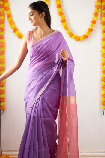 FABULOUS LICHI SILK JACQUARD WORK SAREE WITH UNSTITCHED BLOUSE LAVENDER