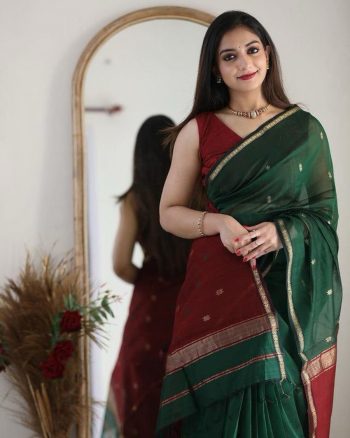 FABULOUS LICHI SILK JACQUARD WORK SAREE WITH UNSTITCHED BLOUSE GREEN