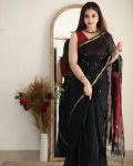FABULOUS LICHI SILK JACQUARD WORK SAREE WITH UNSTITCHED BLOUSE BLACK
