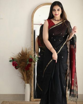 FABULOUS LICHI SILK JACQUARD WORK SAREE WITH UNSTITCHED BLOUSE BLACK