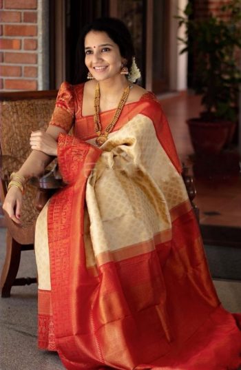 FABULOUS LICHI SILK JACQUARD WORK SAREE WITH UNSTITCHED BLOUSE OFF WHITE