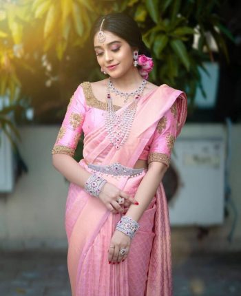 FABULOUS  LICHI SILK JACQUARD WORK SAREE WITH UNSTITCHED BLOUSE BABY PINK