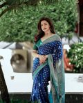 FABULOUS LICHI SILK JACQUARD WORK SAREE WITH UNSTITCHED BLOUSE BLUE