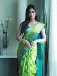 FABULOUS LICHI SILK WEAVING WORK SAREE WITH UNSTITCHED BLOUSE PARROT GREEN