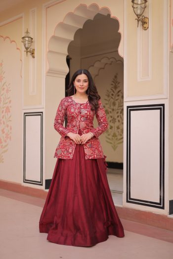 FABULOUS PURE SIMMER VICHITRA JACQUARD WORK TOP LEHENGA SET MAROON