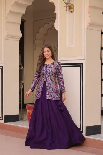 FABULOUS PURE SIMMER VICHITRA JACQUARD WORK TOP LEHENGA SET PURPLE