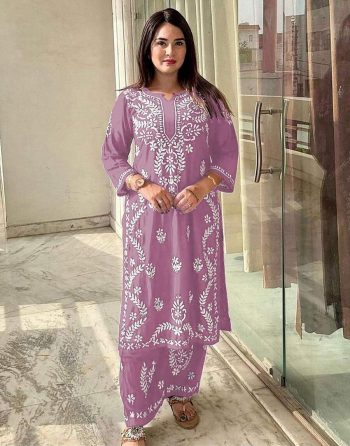 FABULOUS RAYON LUCKNOWI STYLE WORK TOP BOTTOM SET LAVENDER