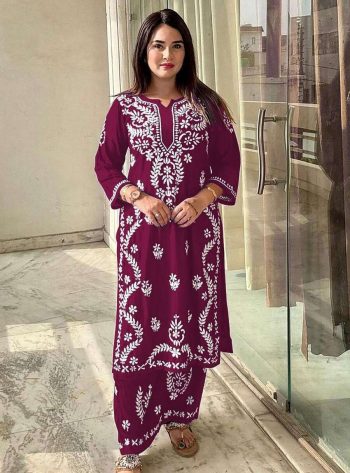 FABULOUS RAYON LUCKNOWI STYLE WORK TOP BOTTOM SET WINE