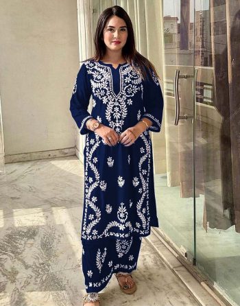 FABULOUS RAYON LUCKNOWI STYLE WORK TOP BOTTOM SET NAVY BLUE