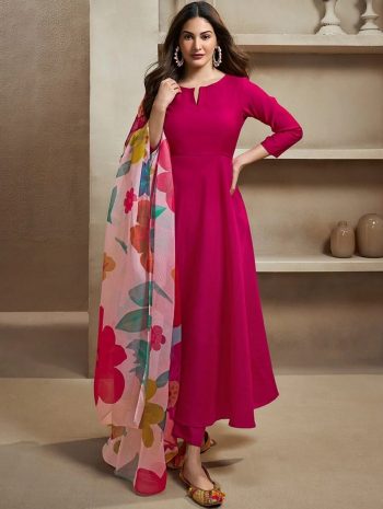 FABULOUS ROMAN PLAIN WORK ANARKALI GOWN BOTTOM WITH DIGITAL PRINTED DUPATTA PINK