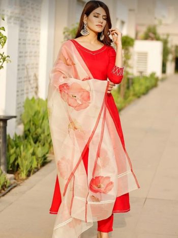 FABULOUS ROMAN PLAIN WORK ANARKALI GOWN BOTTOM WITH DIGITAL PRINTED DUPATTA ORANGE
