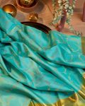 FABULOUS SOFT LICHI SILK JACQUARD WORK SAREE WITH UNSTITCHED BLOUSE BLUE