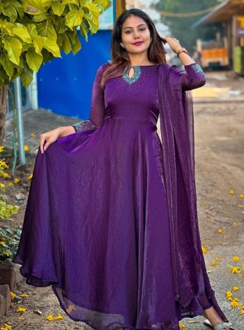 FABULOUS SPACE SILK DIAMOND HANDWORK GOWN WITH DUPATTA PURPLE