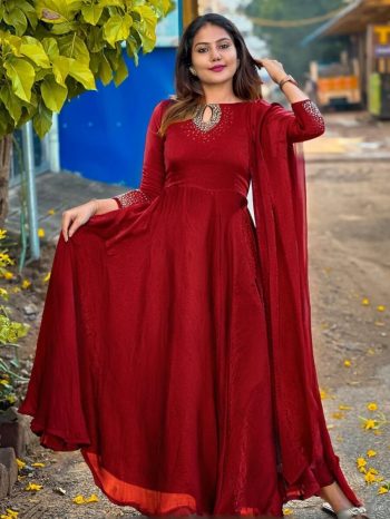 FABULOUS SPACE SILK DIAMOND HANDWORK GOWN WITH DUPATTA RED