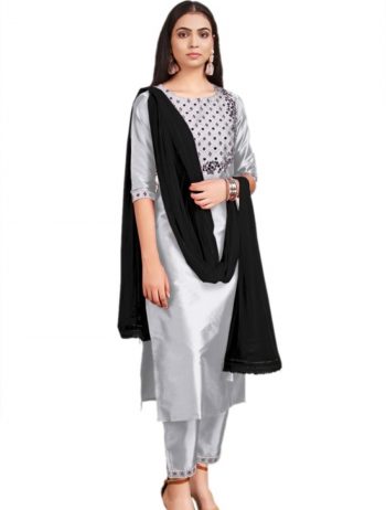 FABULOUS TAFETA SILK EMBROIDERY SEQUENCE WORK TOP BOTTOM WITH DUPATTA GREY
