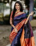 FAHIONABLE SOFT LICHI SILK JACQUARD WORK SAREE WITH UNSTITCHED BLOUSE NAVY BLUE