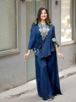 FANCY AIR TEX CHINON SEQUENCE EMBROIDERED WORK WITH KODI LATKAN WORK TOP BLOUSE WITH PALAZZO NAVY BLUE