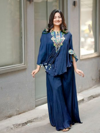 FANCY AIR TEX CHINON SEQUENCE EMBROIDERED WORK WITH KODI LATKAN WORK TOP BLOUSE WITH PALAZZO NAVY BLUE
