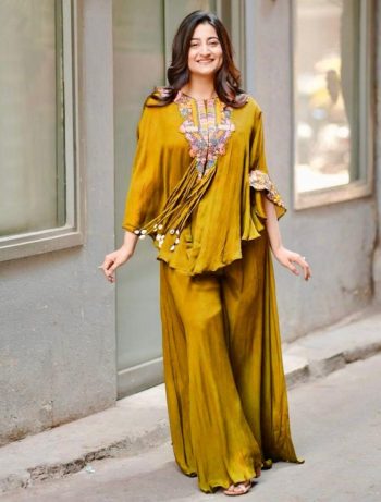 FANCY AIR TEX CHINON SEQUENCE EMBROIDERED WORK WITH KODI LATKAN WORK TOP BLOUSE WITH PALAZZO YELLOW