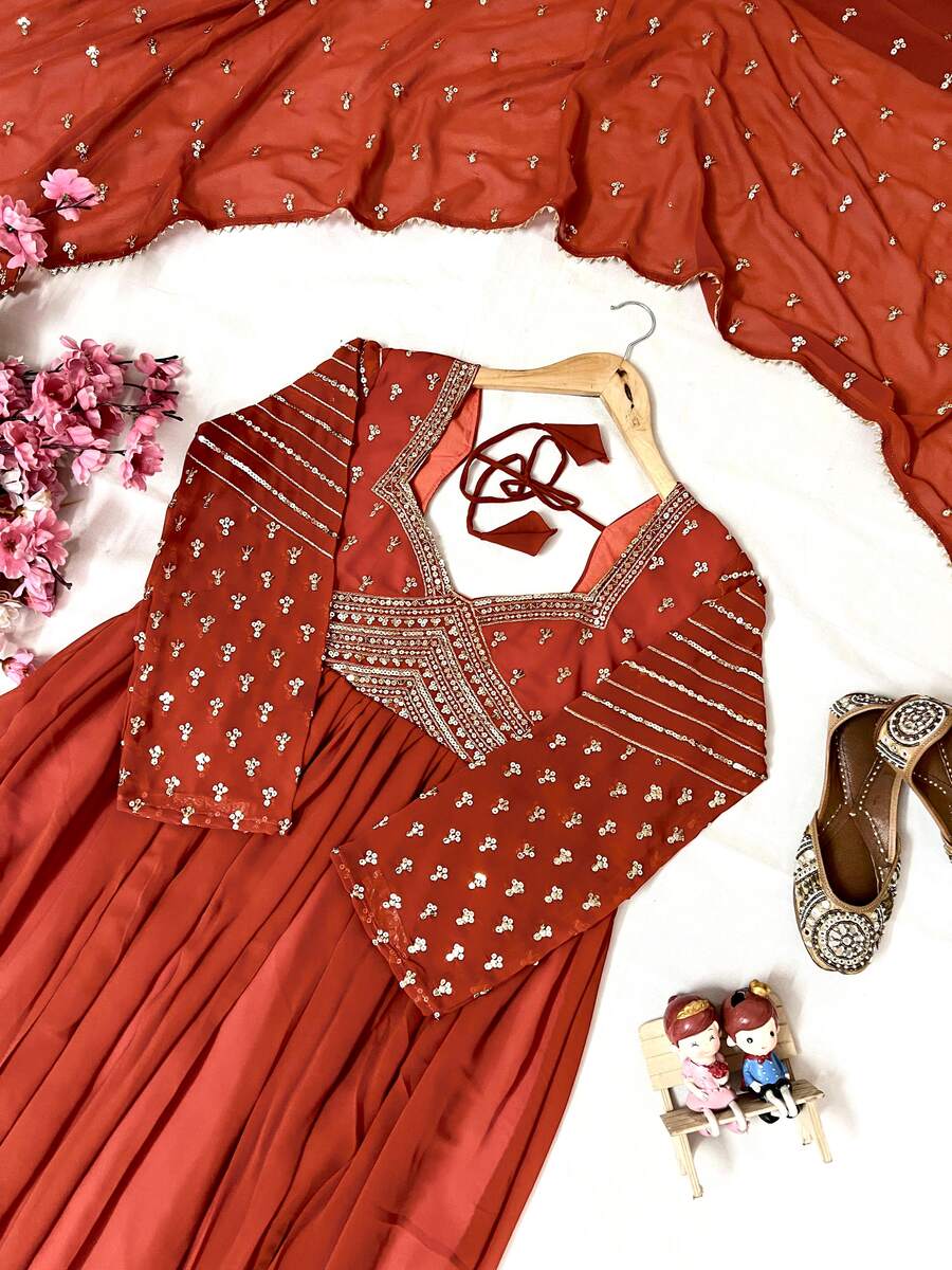 FANCY BLOOMING GEORGETTE ZARI AND SEQUENCE EMBROIDERY WORK GOWN WITH DUPATTA PARTY WEAR WHOLESALE PRICE ETHNIC GARMENT (1)