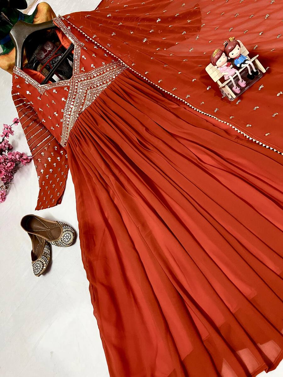 FANCY BLOOMING GEORGETTE ZARI AND SEQUENCE EMBROIDERY WORK GOWN WITH DUPATTA PARTY WEAR WHOLESALE PRICE ETHNIC GARMENT (8)