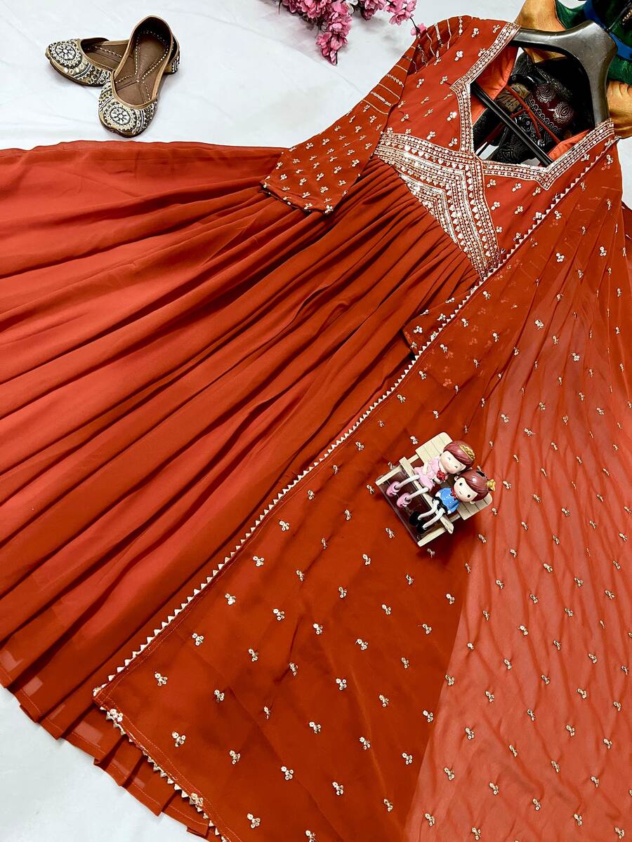 FANCY BLOOMING GEORGETTE ZARI AND SEQUENCE EMBROIDERY WORK GOWN WITH DUPATTA PARTY WEAR WHOLESALE PRICE ETHNIC GARMENT (9)