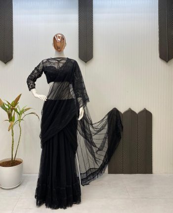 FANCY BUTTER FLY NET SEQUENCE EMBROIDERY WORK LEHENGA SAREE WITH STITCHED BLOUSE BLACK