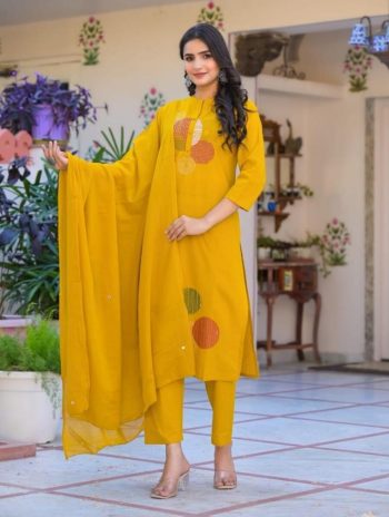 FANCY CHANDERI MIRROR AND EMBROIDERY WORK TOP BOTTOM WITH DUPATTA YELLOW