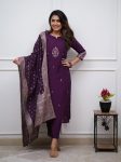 FANCY CHANDERI SEQUENCE CODING EMBROIDERY WORK TOP BOTTOM WITH DUPATTA PURPLE