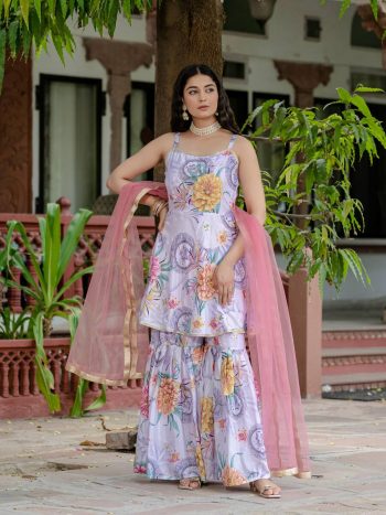 FANCY CHINON DIGITAL PRINT WITH HAND AARI WORK WITH MIRROR WORK TOP SHARARA WITH DUPATTA LAVENDER
